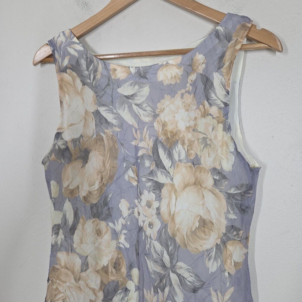 Vtg 90s Gray Floral Crinkle Midi Dress 10 Cottagecore Fairy Grunge Romantic - Picture 2 of 9